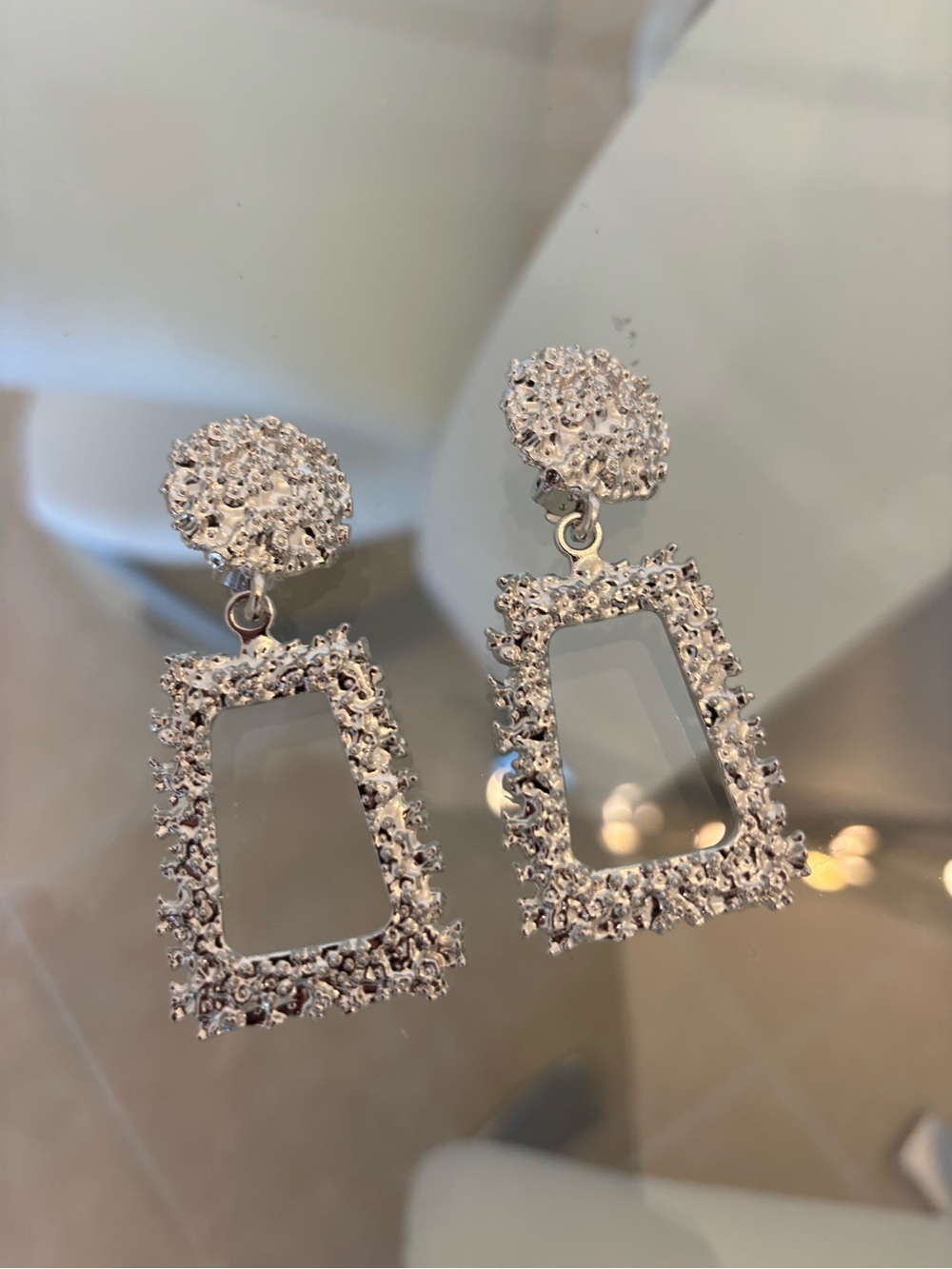 Clip On Silver Crystal Open Rectangle Drop Earrings - Women Jewelry